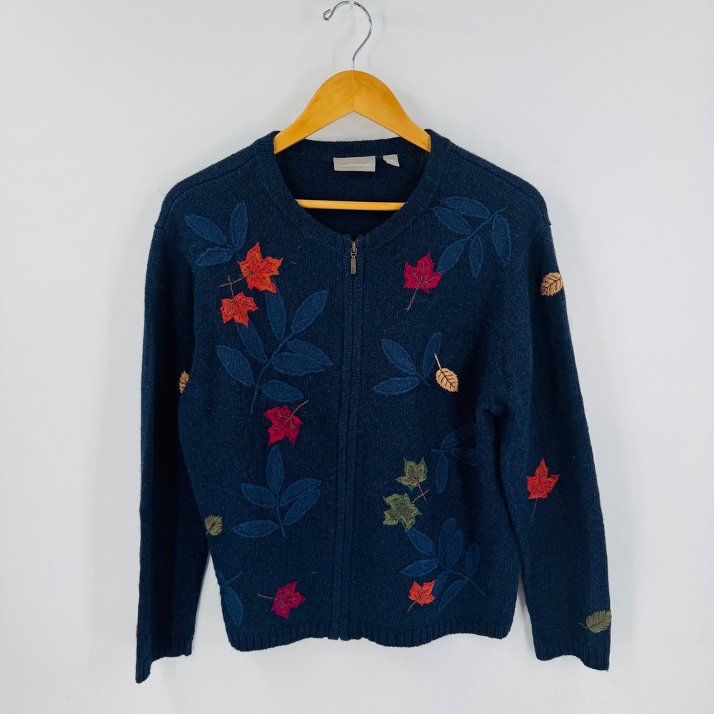 Croft & Barrow Navy Blue Leaf Embroidered Zip‎ Up Cardigan Size M Granny Cottage